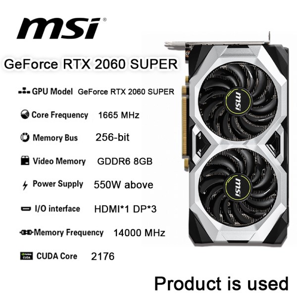 Новый в употреблении Видеокарта MSI GeForce RTX 2060 SUPER?VENTUS 8G 2060S 12 нм 8 Гб 14000 МГц GDDR6 бит Поддержка процессора AMD Intel для настольного компьютера