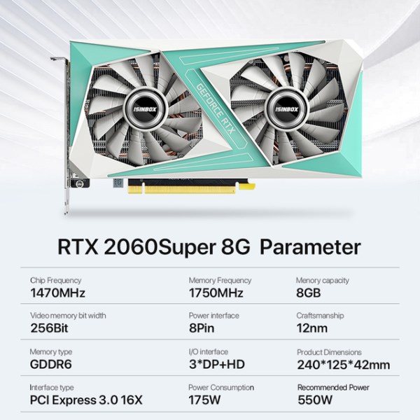Новый ISINBOX RTX 2060 Super, видеокарта 8 Гб GDDR6 256Bit PCI-E 3,0 X16 DP HD 8Pin для NVIDIA GeForce RTX2060S 8G Gaming