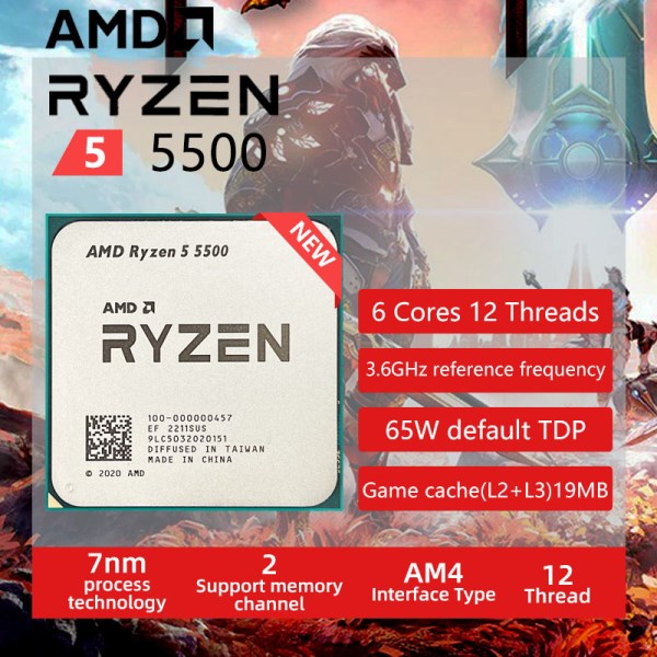 Новый Ryzen 5 5500 R5 5500 3.6 GHz 6-Core 12-Thread CPU Processor 7NM L3=16M 100-000000457 Socket AM4 New but without cooler