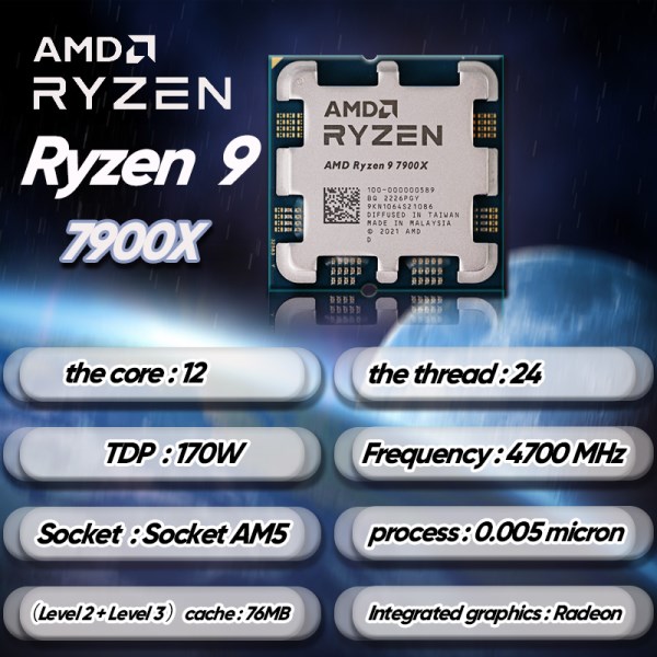 Новый AMD Ryzen 9 7900X R9 7900X 4,7 ГГц 12-ядерный 24-поточный процессор 5 нм L3 = 64M 100-000000589 разъем AM5 Новый Запечатанный без вентилятора