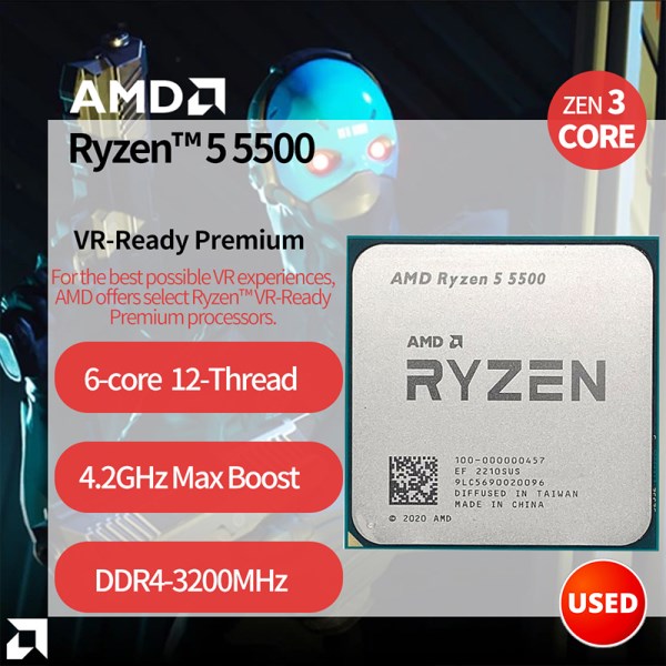 Новый в употреблении Процессор AMD Ryzen 5 5500 R5 5500 3,6 ГГц шестиядерный двенадцатипоточный процессор 7 нм 65 Вт L3 = 16M 100-000000457 разъем AM4 без вентилятора