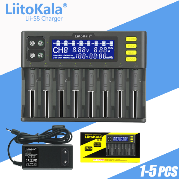 Новый устройство LiitoKala Lii-S8, 1-5 шт., зарядное устройство для литий-ионных аккумуляторов 3,7 в, NiMH 1,2 в, аналогично 3,2 В, IMR 3,8 в, зарядное устройство для 18650 26650 21700 26700 AA AAA